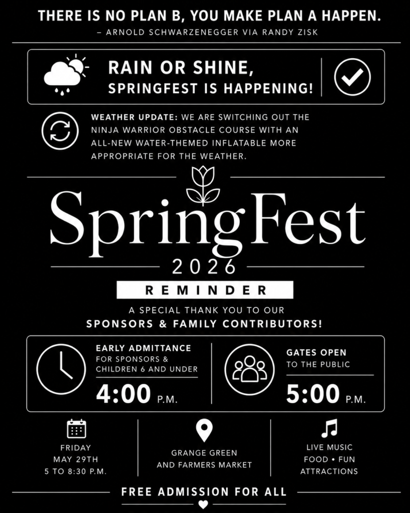 SpringFest 2026 event poster in Serenbe featuring free family activities, live music, food, inflatables, and Grange Green Farmers Market details