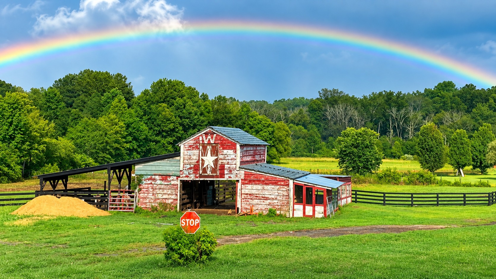 Good Place Farm barn with rainbow in Chattahoochee Hills, Georgia